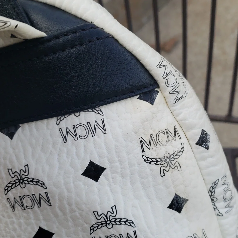 MCM Unisex Visetos Stark Studded Backpack White Black Monogram Luxury